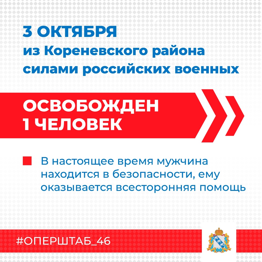 🇷🇺 За сегодняшний день из освобожденного подразделениями Вооруженных сил России села в Кореневском районе эвакуирован 1 человек. В настоящее время пожилой мужчина находится в безопасности, ему оказывается всесторонняя помощь. #оперштаб_46.